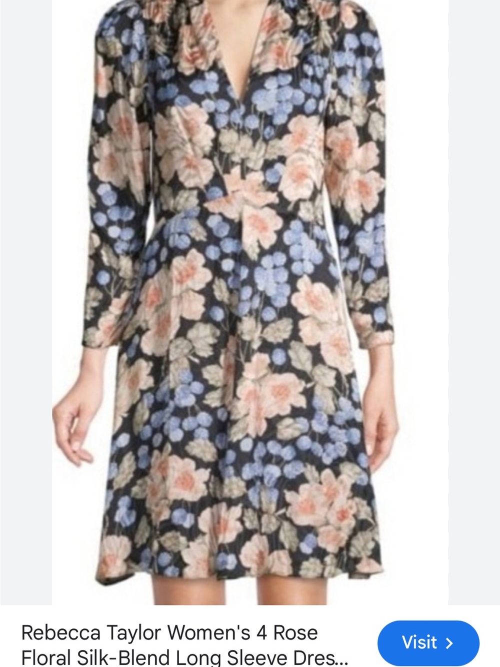 Rebecca Taylor Black Floral V-Neck Long Sleeve Dress with Blue and Peach Blooms